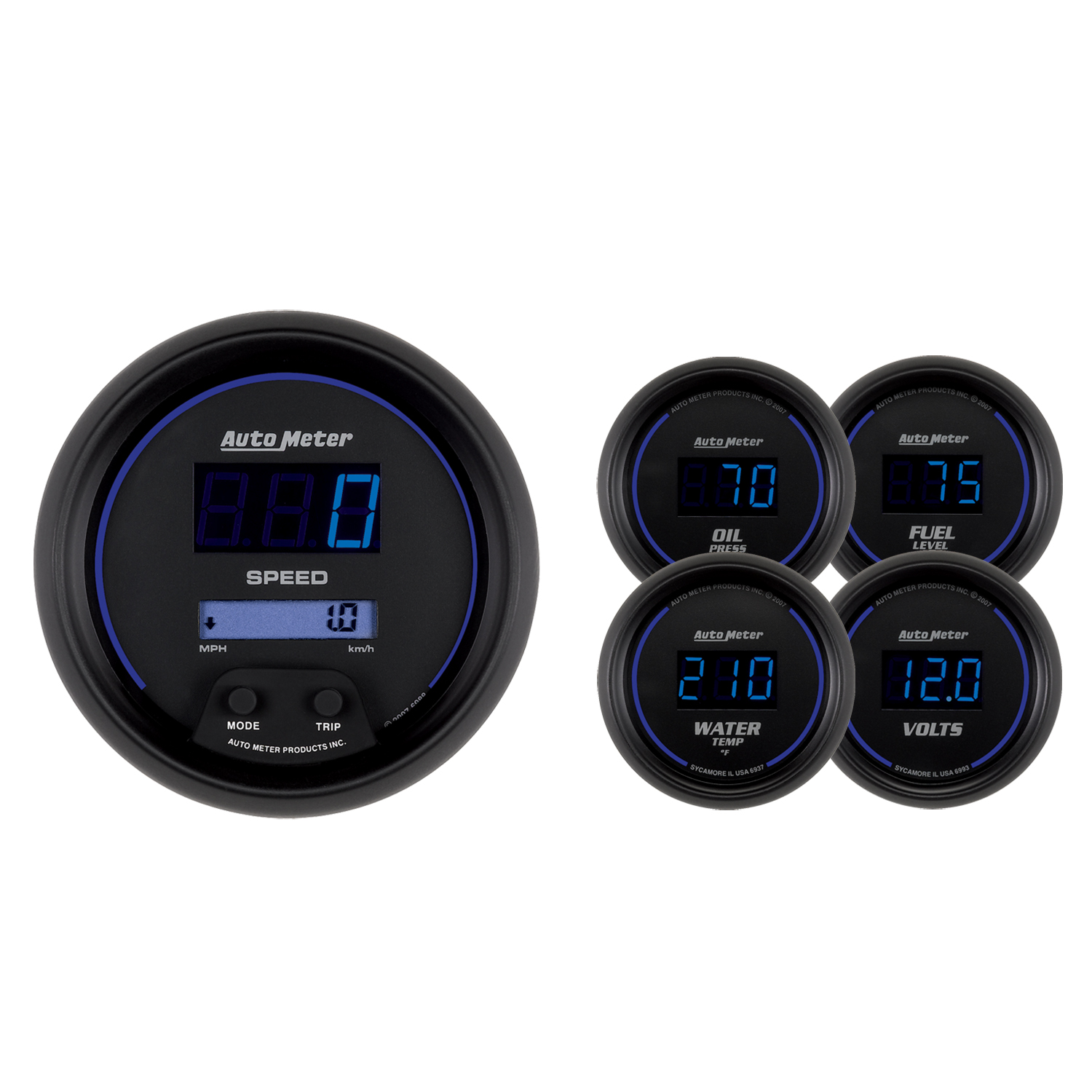 AUTOMETER Gauge Kit, 5 PC, 3 3/8" & 2 1/16", Elec Speedometer, Digital, Black W/ Blue LED