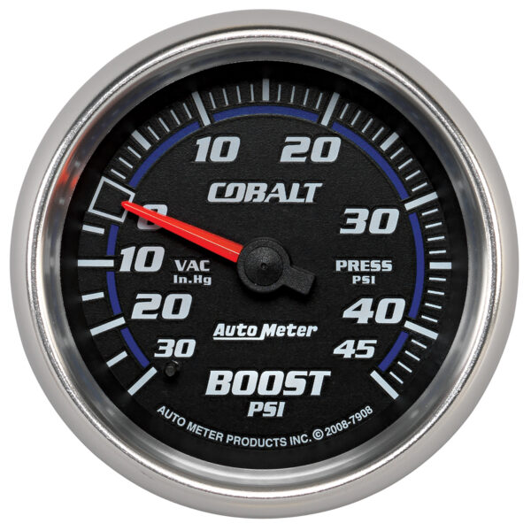 AUTOMETER Vacuum/Boost Gauge 2 5/8", 30Inhg-45PSI, Mechanical, Cobalt