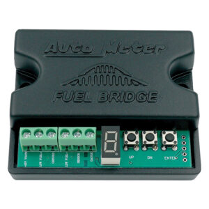 AutoMeter 9109 Fuel Bridge signal adapter module showing LED display and triple push-button calibration setup.