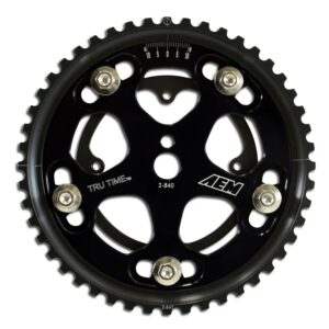 AEM Tru-Time Adjustable Cam Gear. Black. 5-Bolt. Eagle VIN:E, VIN:F & VIN:U. Mitsubishi VIN:E, VIN:F, VIN:R, VIN:U & 4G63T. Plymouth VIN:E, VIN:F, VIN:R & VIN:U