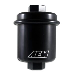 AEM High Volume Fuel Filter. Black. Acura & Honda. Inlet: 14mm X 1.5 Outlet: 12mm X 1.25