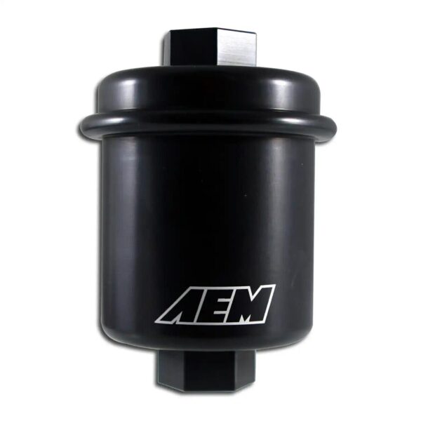 AEM High Volume Fuel Filter. Black. Acura & Honda. Inlet: 14mm X 1.5 Outlet: 12mm X 1.25