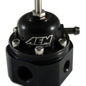 AEM Universal Adjustable Fuel Pressure Regulator. Black. Inlet: 2 X -6 (9/16-18) Outlet: -6 (9/16"-18) Gauge Port: 1/8"NPT