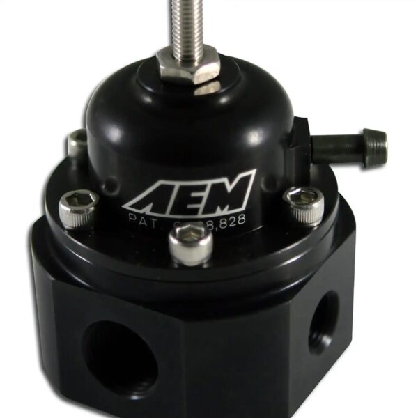 AEM Universal Adjustable Fuel Pressure Regulator. Black. Inlet: 2 X -6 (9/16-18) Outlet: -6 (9/16"-18) Gauge Port: 1/8"NPT