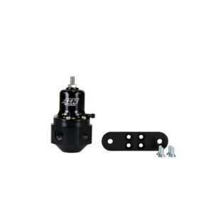 AEM High Capacity Universal Adjustable Fuel Pressure Regulator. Black Anodized. Inlet: 2 X -6 (9/16-18) Outlet: -6 (9/16"-18), Gauge Port: 1/8"NPT, Vacuum Hose: 5mm (3/16â€), and Universal Mounting Bracket with Four (4) 10-32x1/2â€ Screws. Barb fitting for Outlet port sold separately PN 25-390.