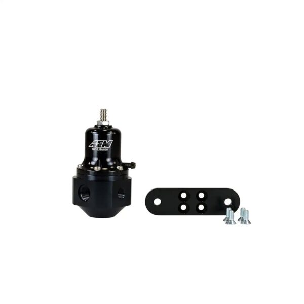 AEM High Capacity Universal Adjustable Fuel Pressure Regulator. Black Anodized. Inlet: 2 X -6 (9/16-18) Outlet: -6 (9/16"-18), Gauge Port: 1/8"NPT, Vacuum Hose: 5mm (3/16â€), and Universal Mounting Bracket with Four (4) 10-32x1/2â€ Screws. Barb fitting for Outlet port sold separately PN 25-390.