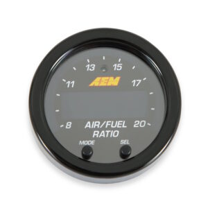AEM 30-0300 X-Series Wideband UEGO AFR Sensor Controller Gauge kit displayed with black bezel and wiring harness