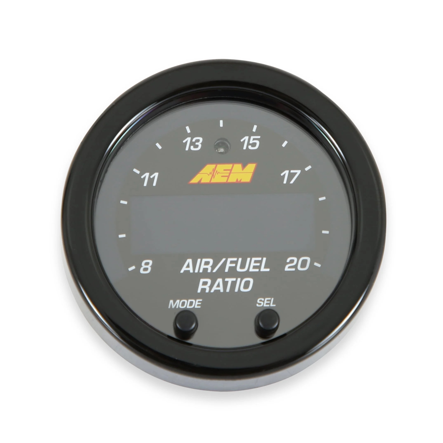 AEM 30-0300 X-Series Wideband UEGO AFR Sensor Controller Gauge kit displayed with black bezel and wiring harness