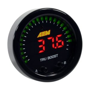 AEM X-Series Tru-Boost Controller Gauge with Boost Control Solenoid, 80 PSIg Internal MAP Sensor, Boost Hose Line and Wiring Harness.