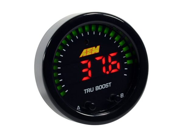 AEM X-Series Tru-Boost Controller Gauge with Boost Control Solenoid, 80 PSIg Internal MAP Sensor, Boost Hose Line and Wiring Harness.