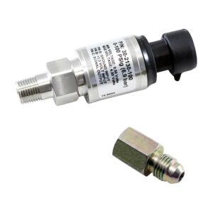 AEM 100 PSIg Stainless Sensor Kit. Stainless Steel Sensor Body. 1/8" NPT Male Thread. Includes: 100 PSIg Stainless Sensor, Connector, Pins & 1/8" NPT to -4 Adapter