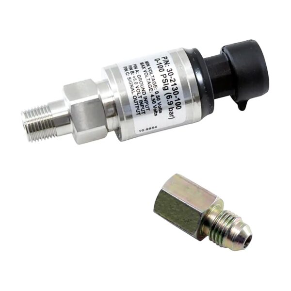 AEM 100 PSIg Stainless Sensor Kit. Stainless Steel Sensor Body. 1/8" NPT Male Thread. Includes: 100 PSIg Stainless Sensor, Connector, Pins & 1/8" NPT to -4 Adapter