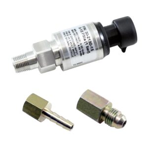 AEM 15 PSIa or 1 Bar Stainless Sensor Kit. Stainless Steel Sensor Body. 1/8" NPT Male Thread. Includes: 15 PSIa or 1 Bar Stainless Sensor, Connector, Pins, 1/8" NPT to -4 Adapter & 1/8" NPT to 3/16" Barb Adapter