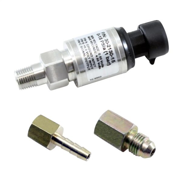 AEM 15 PSIa or 1 Bar Stainless Sensor Kit. Stainless Steel Sensor Body. 1/8" NPT Male Thread. Includes: 15 PSIa or 1 Bar Stainless Sensor, Connector, Pins, 1/8" NPT to -4 Adapter & 1/8" NPT to 3/16" Barb Adapter