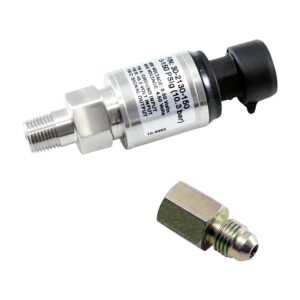 AEM 150 PSIg Stainless Sensor Kit. Stainless Steel Sensor Body. 1/8" NPT Male Thread. Includes: 150 PSIg Stainless Sensor, Connector, Pins & 1/8" NPT to -4 Adapter