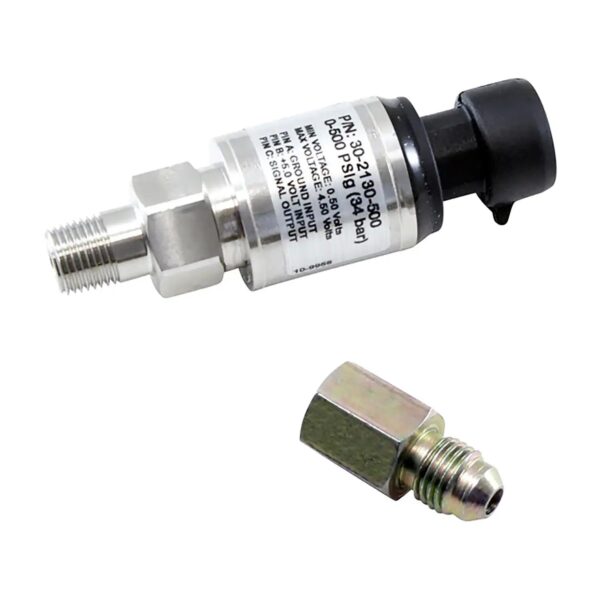 AEM 500 PSIg Stainless Sensor Kit. Stainless Steel Sensor Body. 1/8" NPT Male Thread. Includes: 500 PSIg Stainless Sensor, Connector, Pins & 1/8" NPT to -4 Adapter