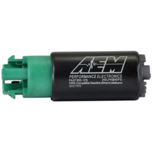 AEM 340LPH E85-Compatible High Flow In-Tank Fuel Pump (65mm Short Offset Inlet with hooks, Inline). 340LPH@43psi. Includes Fuel Pump, installation instructions, wiring harness, pre filter and o-rings.  Included hardware is not application specific.