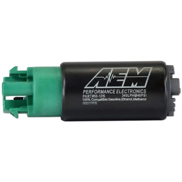 AEM 340LPH E85-Compatible High Flow In-Tank Fuel Pump (65mm Short Offset Inlet with hooks, Inline). 340LPH@43psi. Includes Fuel Pump, installation instructions, wiring harness, pre filter and o-rings.  Included hardware is not application specific.