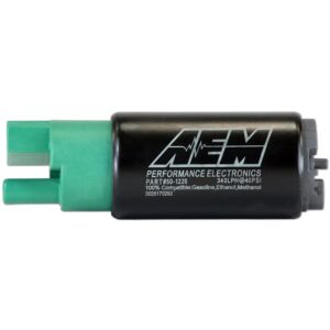 AEM 340LPH E85-Compatible High Flow In-Tank Fuel Pump (65mm Short Offset Inlet, Inline). 340LPH@43psi. Includes Fuel Pump, installation instructions, wiring harness, pre filter and o-rings.  Included hardware is not application specific.