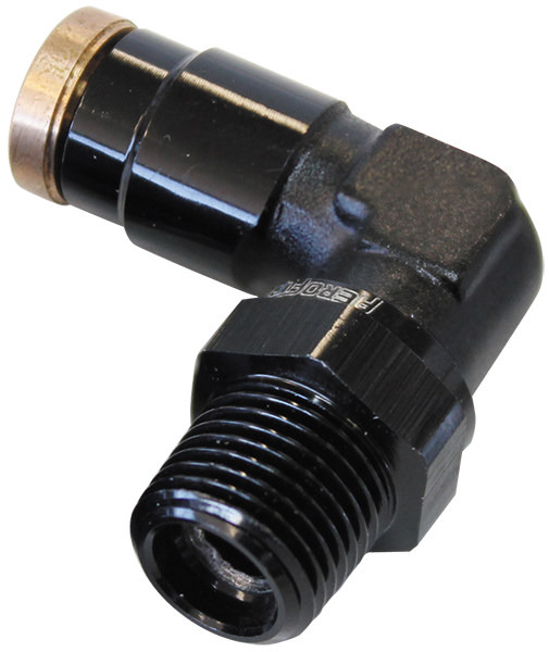 AEROFLOW 1/4" NPT 90 DEGREE TO 1/4" 120SERIES NYLON BLACK FITTING