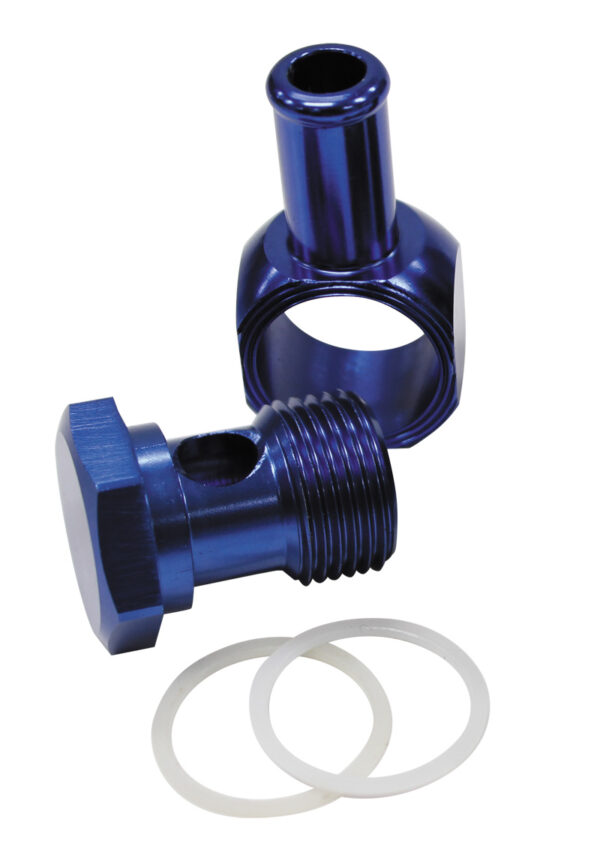 AEROFLOW EDELBROCK CARB INLET BANJO BLUE 5/8-20 TO MALE 3/8 BARB