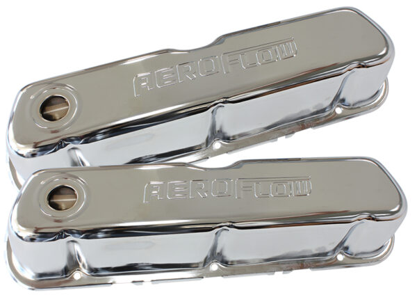 AEROFLOW STEEL VALVE COVERS, SBF CHROME WITH AEROFLOW LOGO