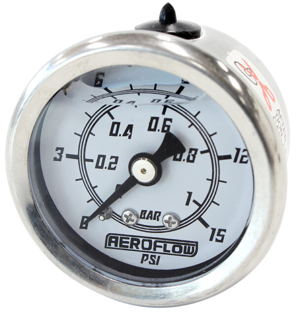 Aeroflow 1-1/2" 0-15 Psi Liq Fill Gaugewhite Face Black Pointer