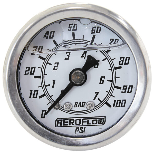 Aeroflow 1-1/2" 0-100 Psi Liq Fil Gaugewhite Face Black Pointer