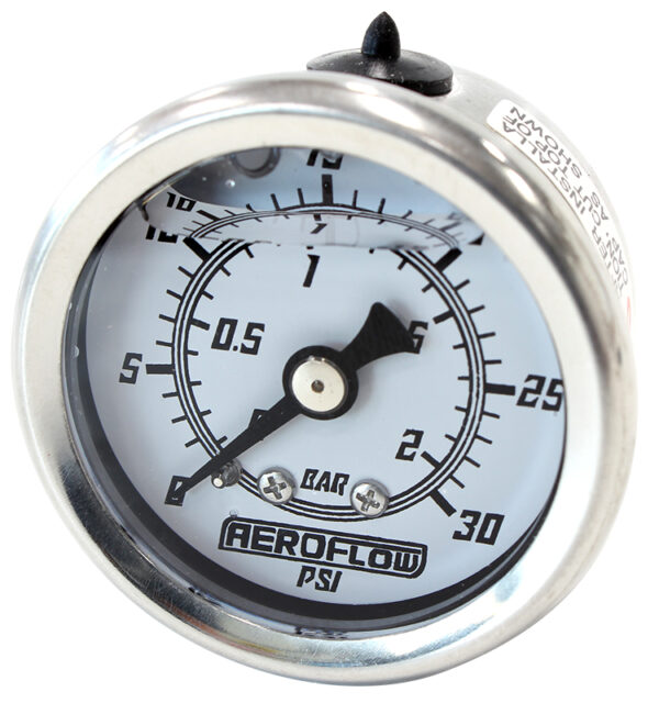 Aeroflow 1-1/2" 0-30 Psi Liq Fill Gaugewhite Face Black Pointer
