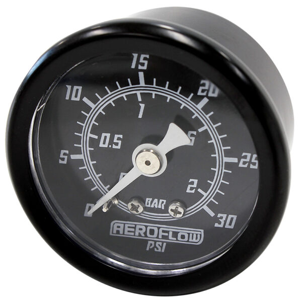 Aeroflow 1-1/2" 0-30 Psi Press Gauge Black Face White Pointer