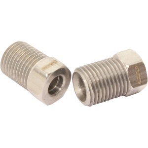 Pair of Aeroflow stainless steel inverted flare tube nuts M10 by 1.0mm to 3/16 inch hard line AF366