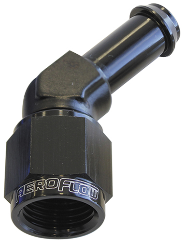 Aeroflow Female -8AN 45Deg To 1/2" Barbblack Swivel Nut