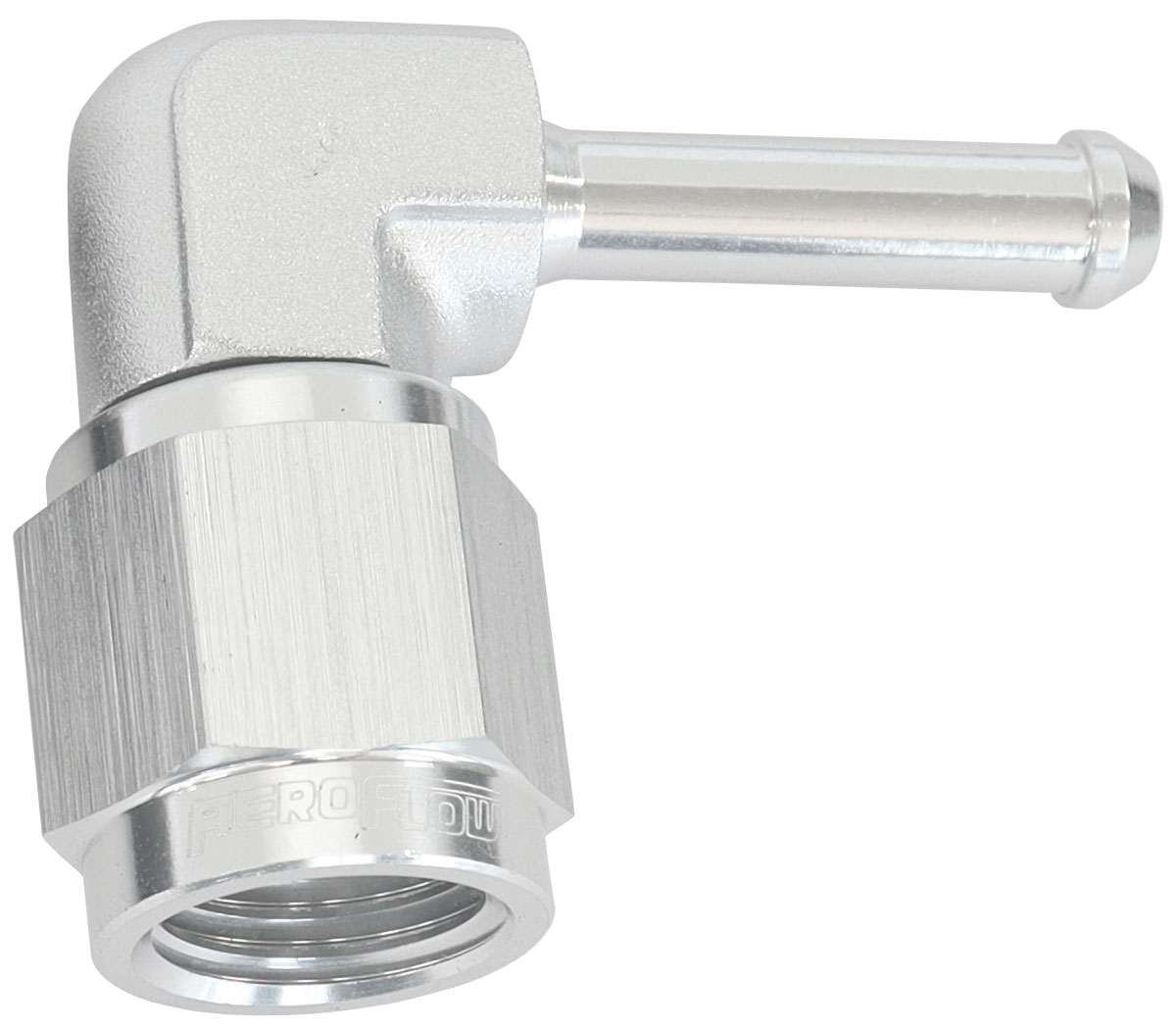 AEROFLOW FEMALE -4AN 90 DEG TO 3/16" BARB SILVER WITH TUBE NUT