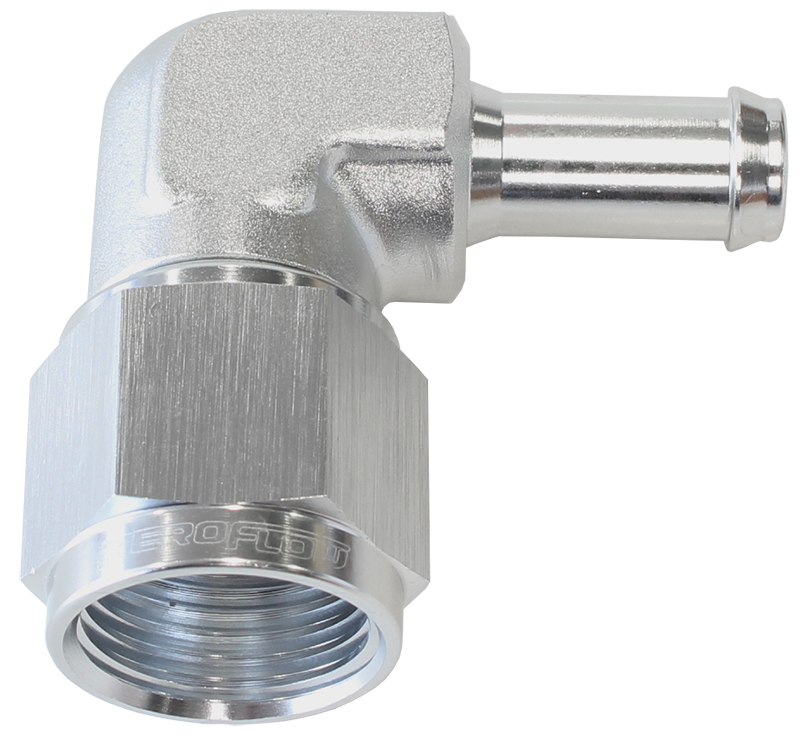 Aeroflow Female -8AN 90Deg To 1/2" Barbsilver Swivel Nut