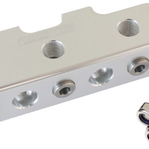 Aeroflow Performance AF456-03S silver anodised billet aluminium pressure sensor block with 9 x 1/8" NPT ports for remote transducer mounting.