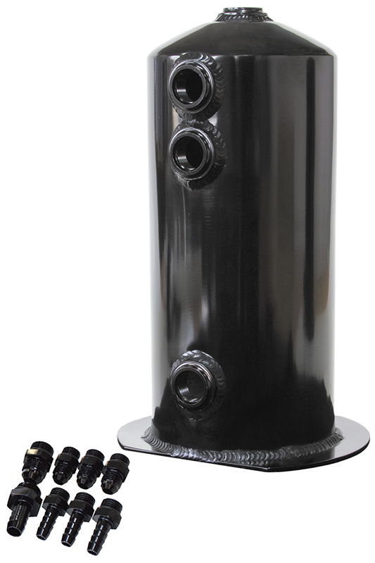 Aeroflow Surge Tank 2.5L ANodised Black3X3/8 1X1/2 Or 3X -6AN 1X -8AN