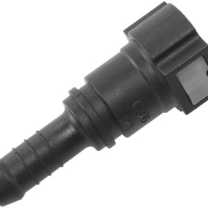 Aeroflow AF49-7010 3/8 inch quick-disconnect female EFI push-on fitting to 3/8 inch straight hose barb in black finish.
