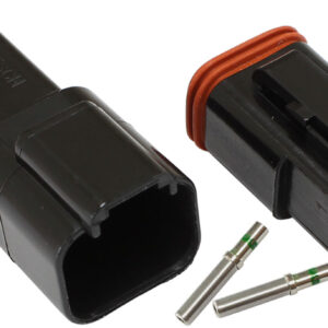 Aeroflow Performance AF49-9002 2-pin WeatherTight electrical connector assembly featuring weather-sealed male and female plug housings with green wire seals and crimp terminals