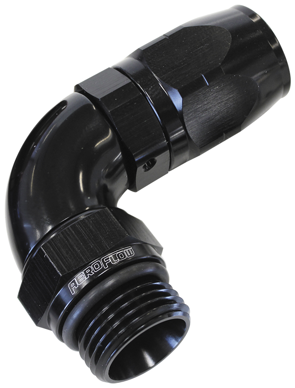 Aeroflow Male Hose End -10ORB To-10Hosefull Flow Billet 90 Deg Black