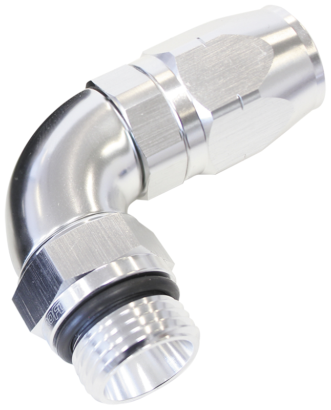 Aeroflow Male Hose End -10ORB To-10Hosefull Flow Billet 90 Deg Silver