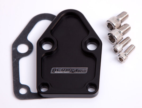 AEROFLOW BILLET FUEL PUMP BLOCK OFF PLATE BLACK SUITS SBC