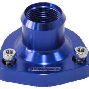 Aeroflow AF64-4029 blue anodised T6-6061 billet aluminium thermostat housing for Nissan RB20 RB25 RB30 engines showing 41mm hose outlet and O-ring flange.