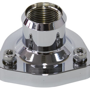 Aeroflow Performance AF64-4029C chrome polished T6-6061 billet aluminium straight thermostat housing with internal -16ORB thread for Nissan RB engines.