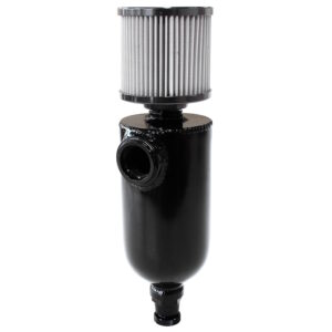 Aeroflow AF77-1028BLK black anodised billet 6061-T6 aluminium universal breather tank featuring top stainless steel mesh filter, single -12 ORB inlet port, and bottom drain valve.