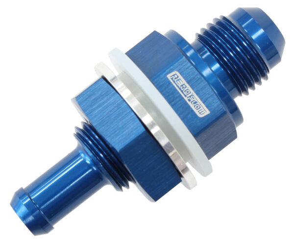 AEROFLOW Fuel Cell Bulkhead Fitting -6AN to 5/16" Barb Blue