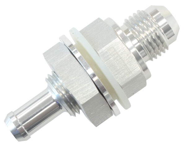AEROFLOW Fuel Cell Bulkhead Fitting -6AN to 5/16" Barb Silver