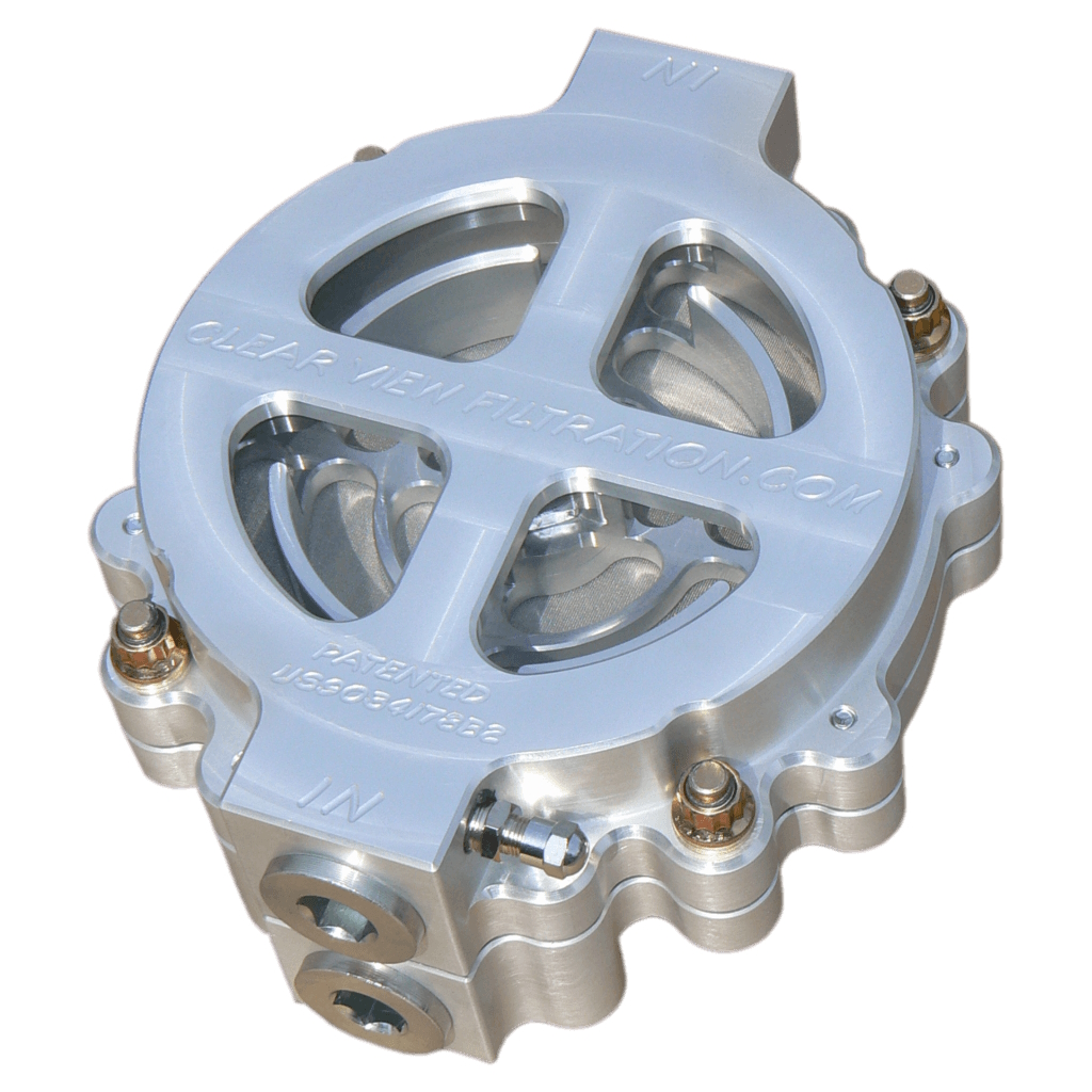 ClearView 100-60 high-performance see-through oil filter with silver clear anodised billet aluminium housing.