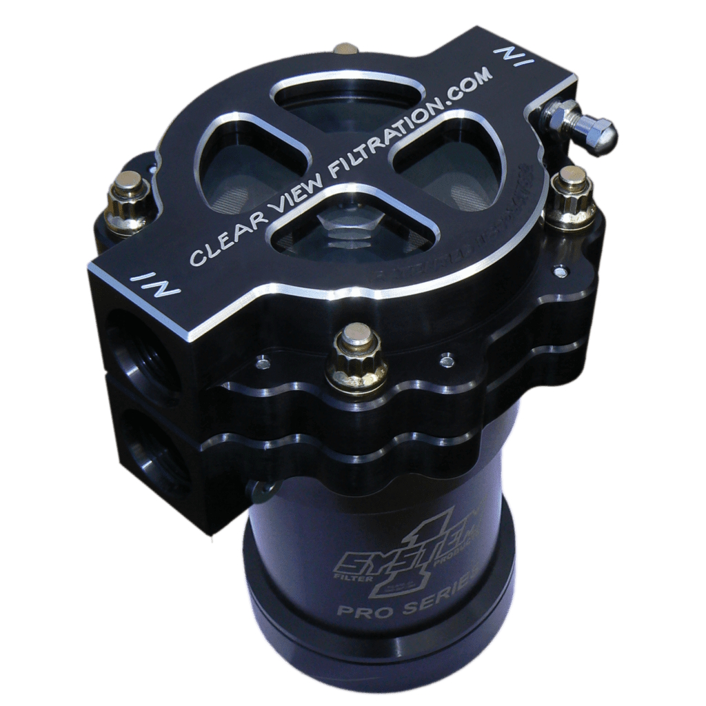 ClearView 405-115-B 4-inch flat screw-on see-through oil filter assembly with black anodised billet aluminium housing.