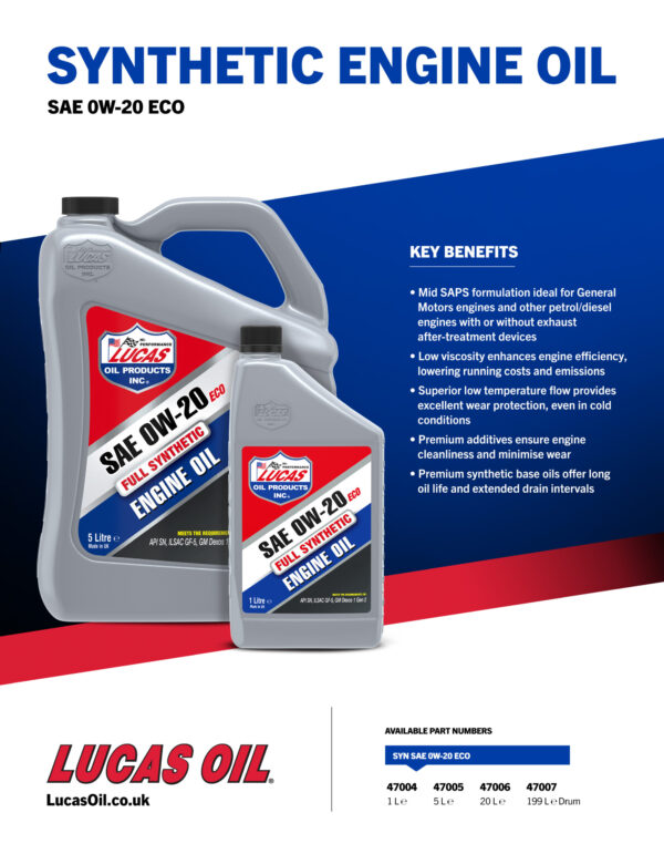 LUCAS Synthetic 0W-20 ECO Engine Oil 5L - Image 3