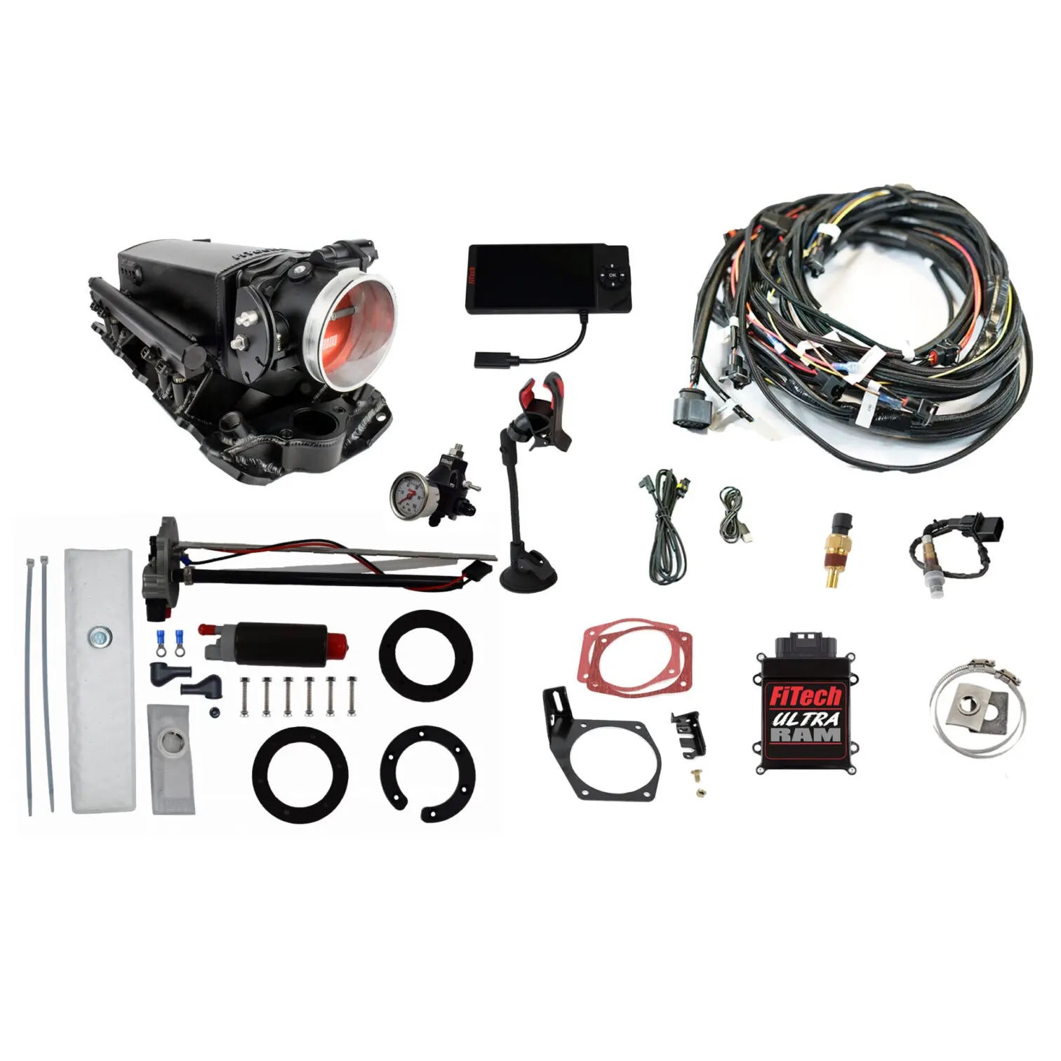 FITECH Ultra Ram/ 650 HP EFI Port System/ Chevy Small Block/Matte Black Finish/ Timing Control/ 92mm LS Throttle Body/ Self Learning/ Force Fuel Mini Surge Tank/ Hose/ Fittings/ Filter/ Return Bung
